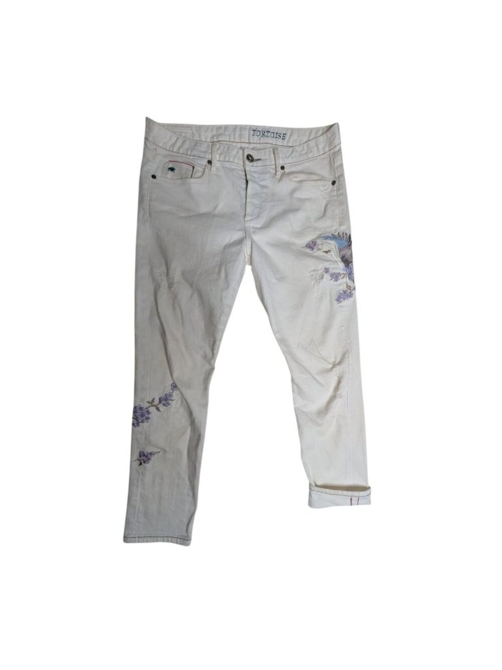 Tortoise White Selvedge Embroidered Bird Distressed Jeans Womens Y2K Grunge Butt - Picture 2 of 15